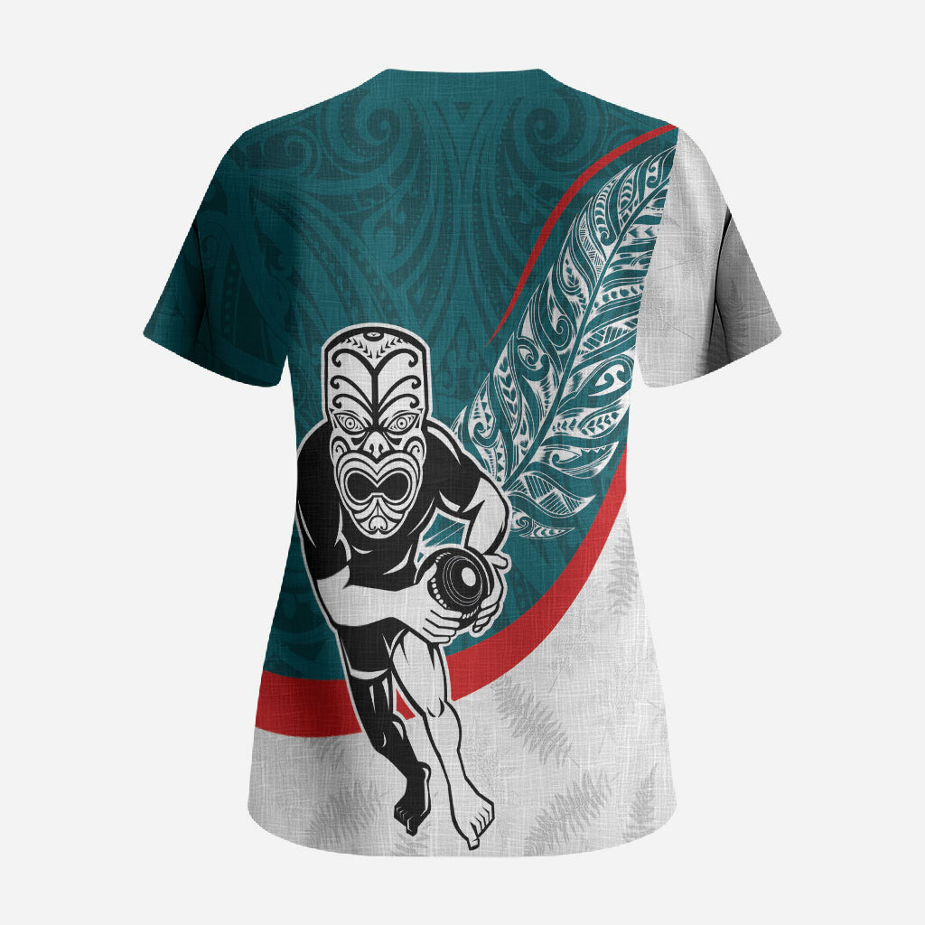 Personalised Aotearoa Lawn Bowls Scrub Top Maori Warrior and Silver Fern Sporty Style Teal LT03 - Polynesian Pride