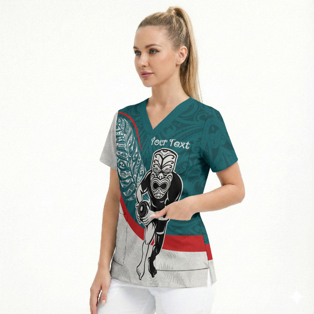 Personalised Aotearoa Lawn Bowls Scrub Top Maori Warrior and Silver Fern Sporty Style Teal LT03 - Polynesian Pride