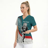 Personalised Aotearoa Lawn Bowls Scrub Top Maori Warrior and Silver Fern Sporty Style Teal LT03 - Polynesian Pride