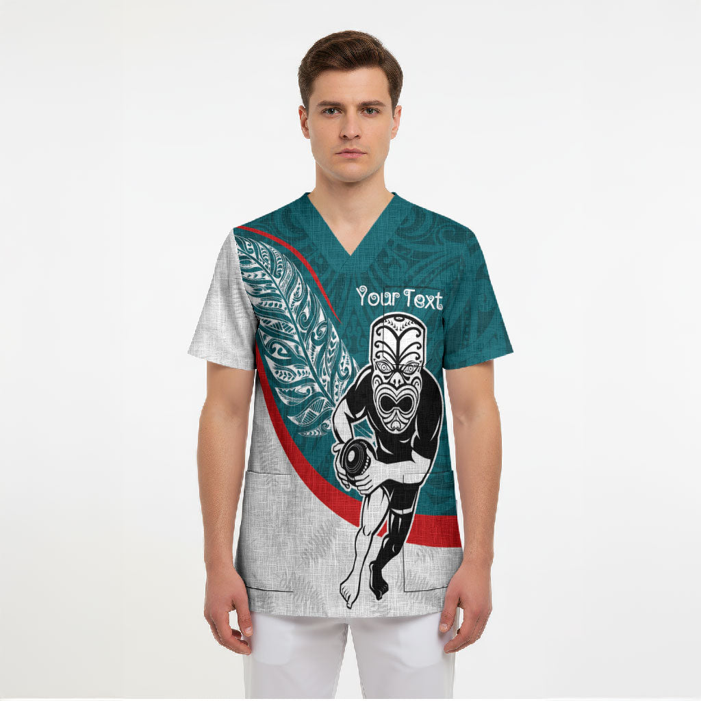 Personalised Aotearoa Lawn Bowls Scrub Top Maori Warrior and Silver Fern Sporty Style Teal LT03 - Polynesian Pride