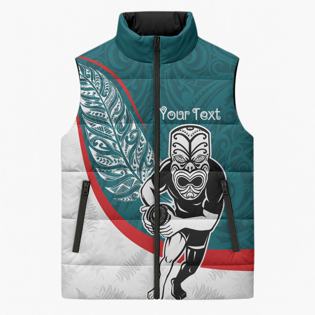 Personalised Aotearoa Lawn Bowls Sleeveless Puffer Jacket Maori Warrior and Silver Fern Sporty Style Teal LT03 Unisex Teal - Polynesian Pride