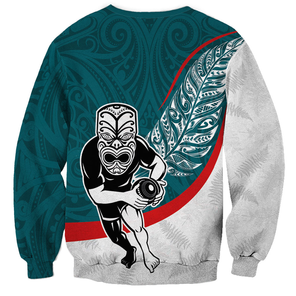 Personalised Aotearoa Lawn Bowls Sweatshirt Maori Warrior and Silver Fern Sporty Style Teal LT03 - Polynesian Pride