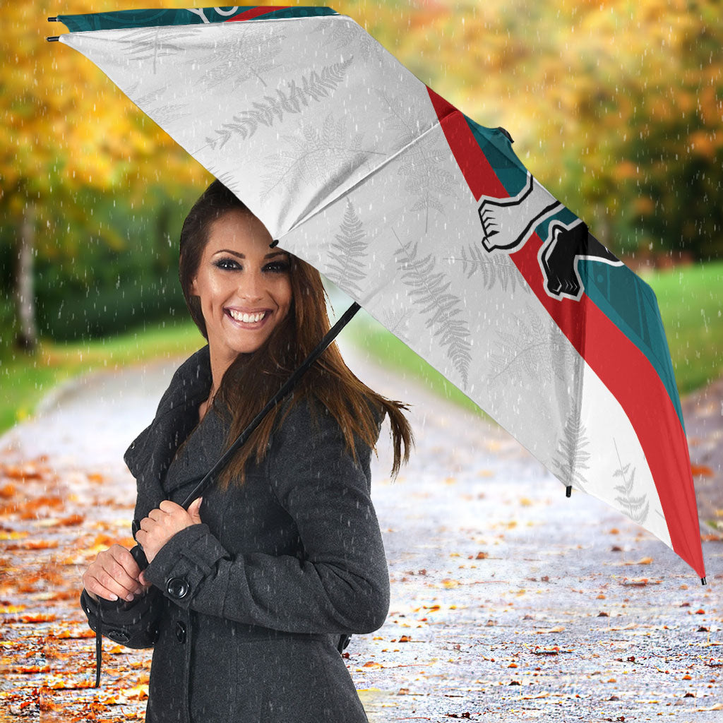 Personalised Aotearoa Lawn Bowls Umbrella Maori Warrior and Silver Fern Sporty Style Teal LT03 - Polynesian Pride