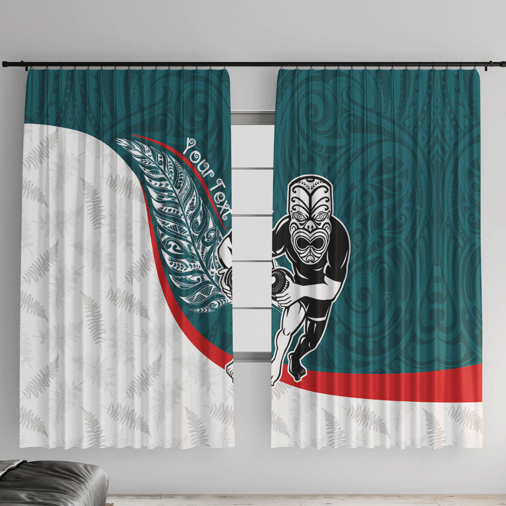 Personalised Aotearoa Lawn Bowls Window Curtain Maori Warrior and Silver Fern Sporty Style Teal