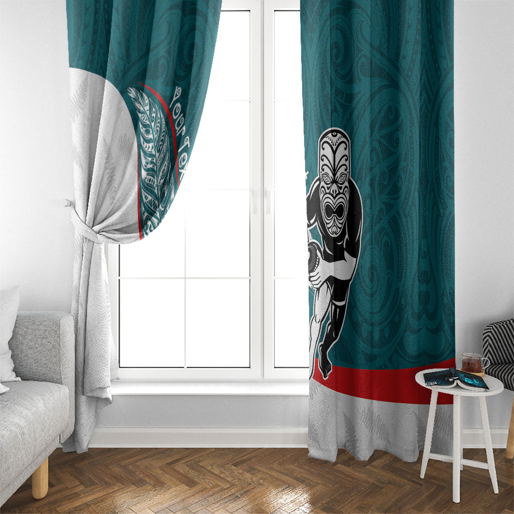 Personalised Aotearoa Lawn Bowls Window Curtain Maori Warrior and Silver Fern Sporty Style Teal LT03 - Polynesian Pride