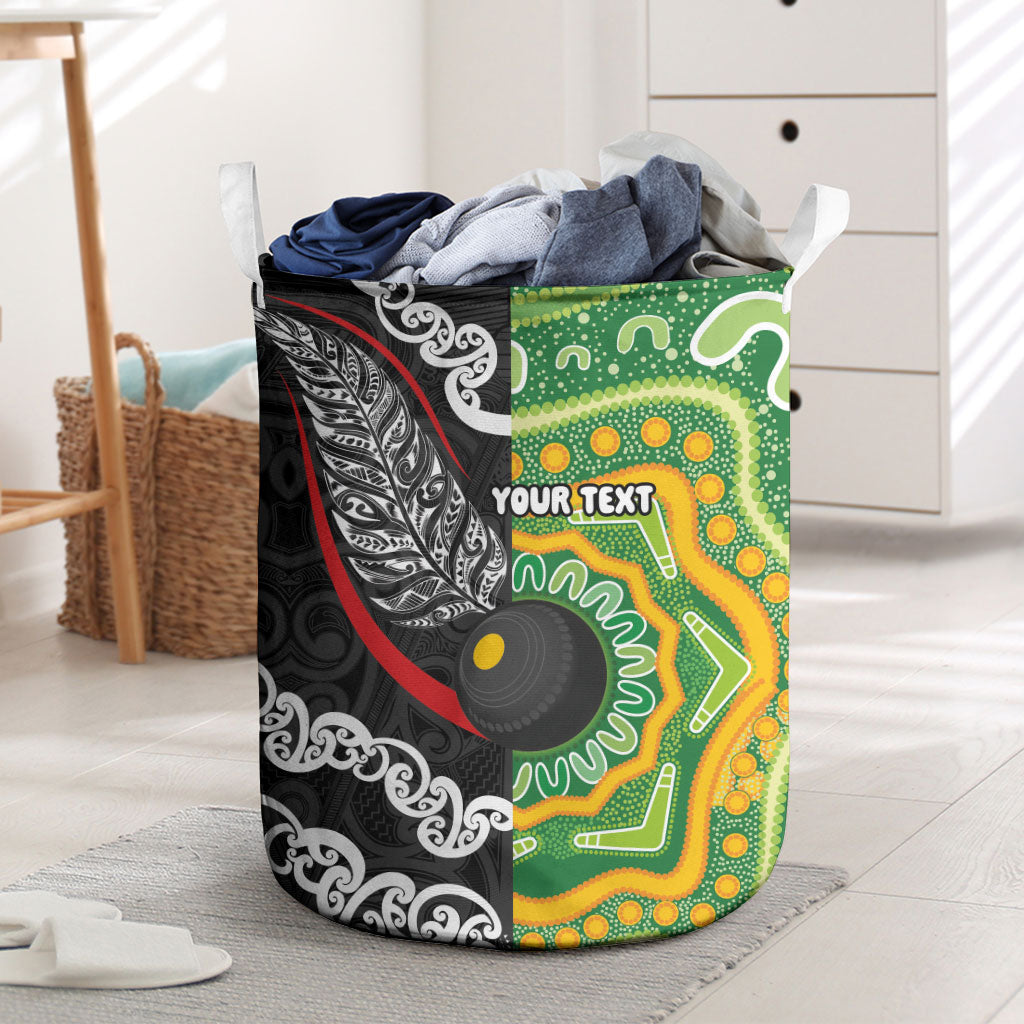 Personalised Aotearoa and Australia Lawn Bowls Laundry Basket Maori Fern and Aboriginal Pattern LT03 Multicolor - Polynesian Pride