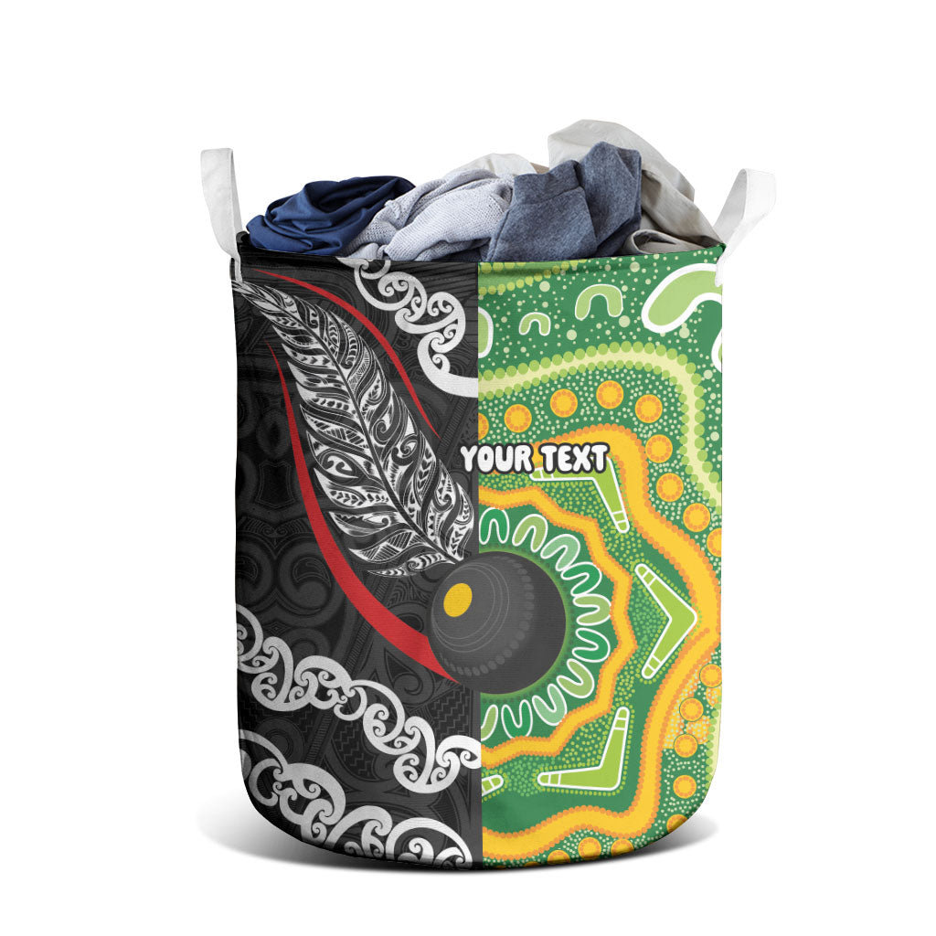 Personalised Aotearoa and Australia Lawn Bowls Laundry Basket Maori Fern and Aboriginal Pattern LT03 - Polynesian Pride