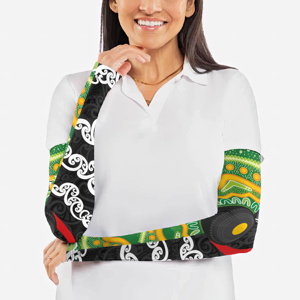 Personalised Aotearoa and Australia Lawn Bowls Arm Sleeves Maori Fern and Aboriginal Pattern LT03 - Polynesian Pride