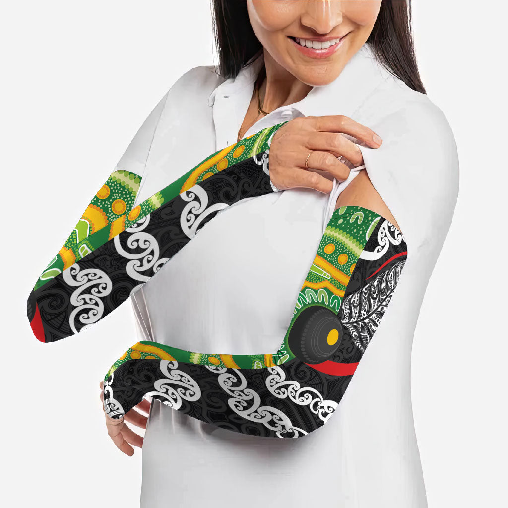 Personalised Aotearoa and Australia Lawn Bowls Arm Sleeves Maori Fern and Aboriginal Pattern LT03 - Polynesian Pride