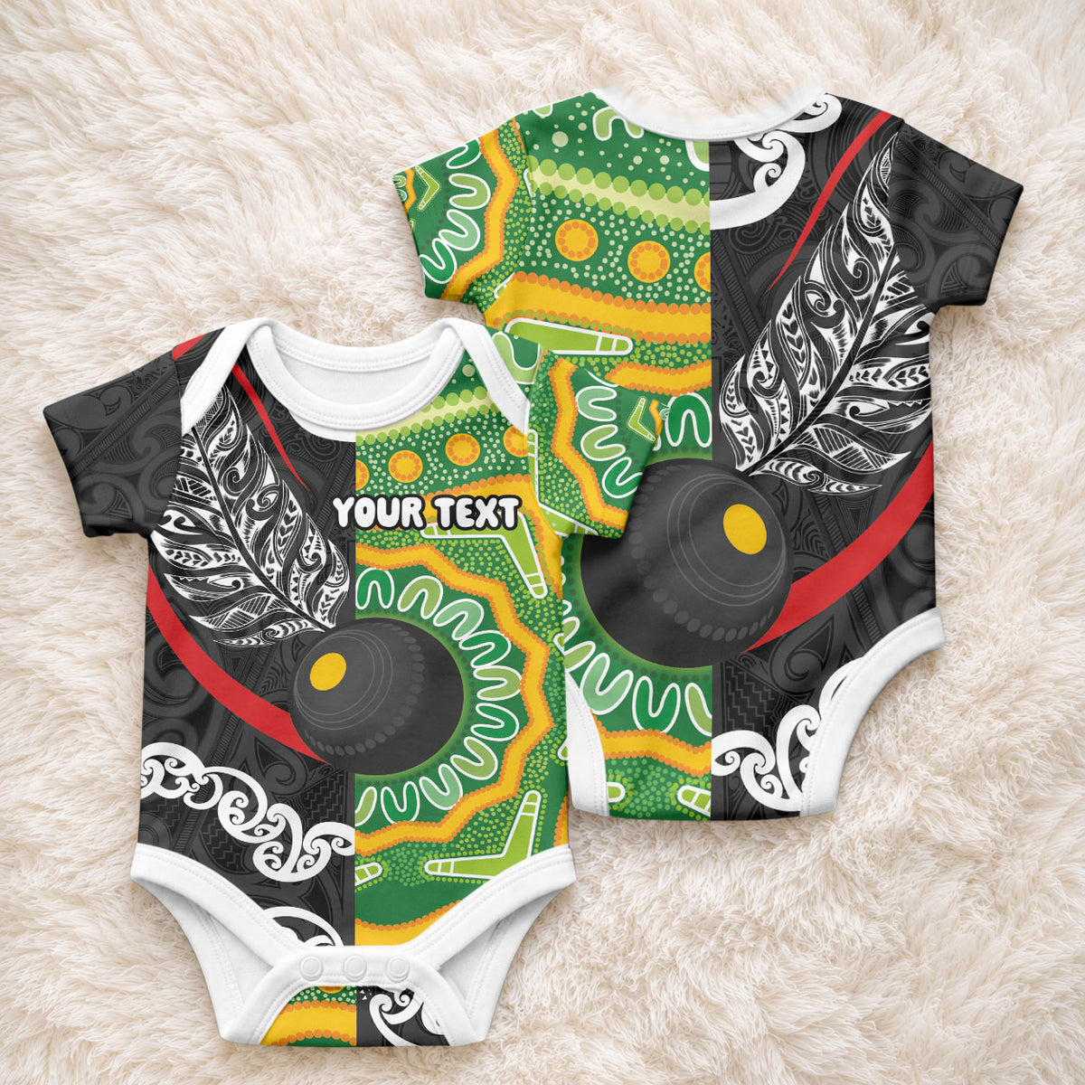 Personalised Aotearoa and Australia Lawn Bowls Baby Onesie Maori Fern and Aboriginal Pattern LT03 - Polynesian Pride
