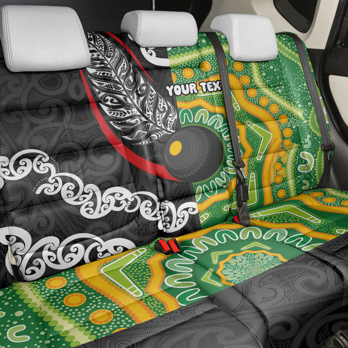 Personalised Aotearoa and Australia Lawn Bowls Back Car Seat Cover Maori Fern and Aboriginal Pattern LT03 - Polynesian Pride