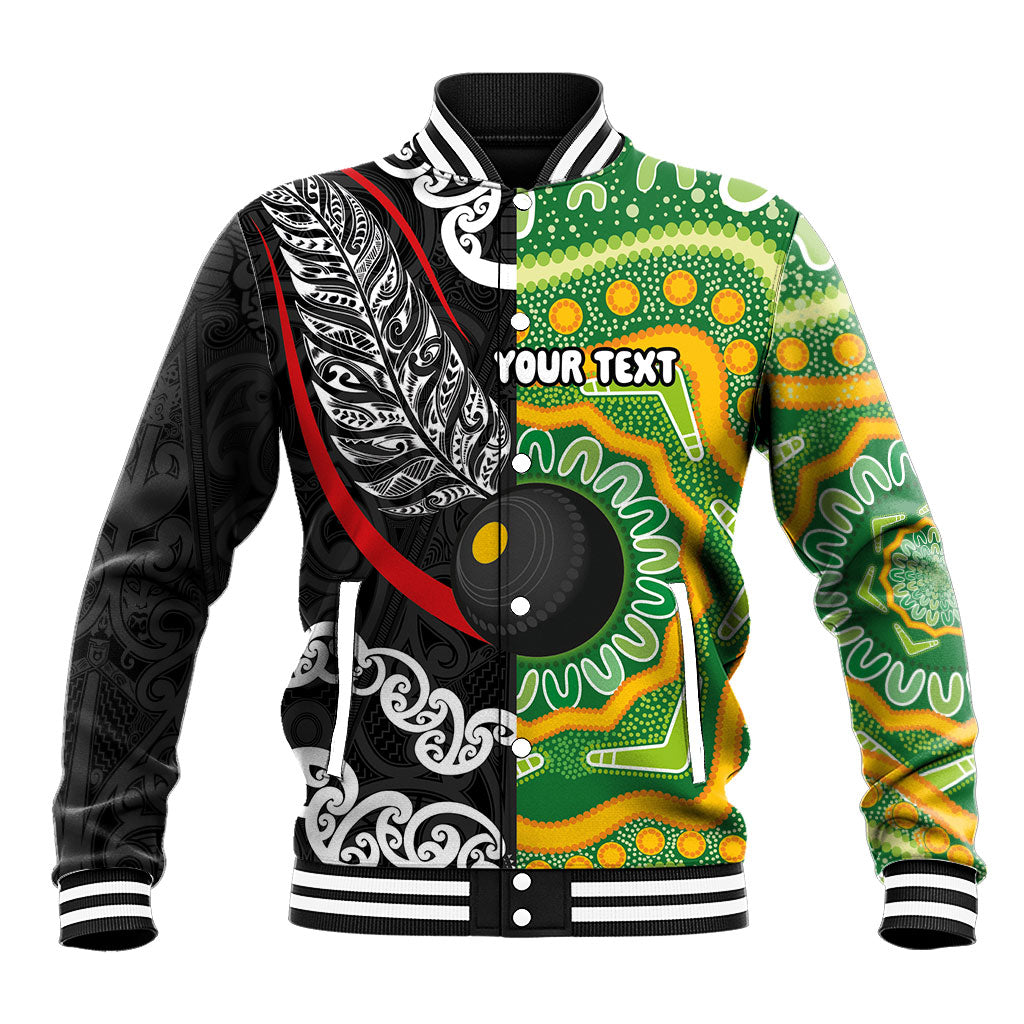 Personalised Aotearoa and Australia Lawn Bowls Baseball Jacket Maori Fern and Aboriginal Pattern