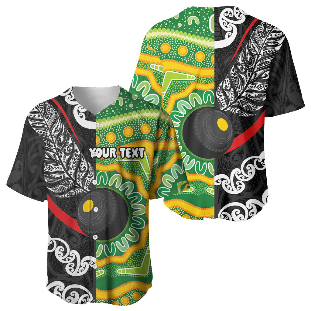 Personalised Aotearoa and Australia Lawn Bowls Baseball Jersey Maori Fern and Aboriginal Pattern
