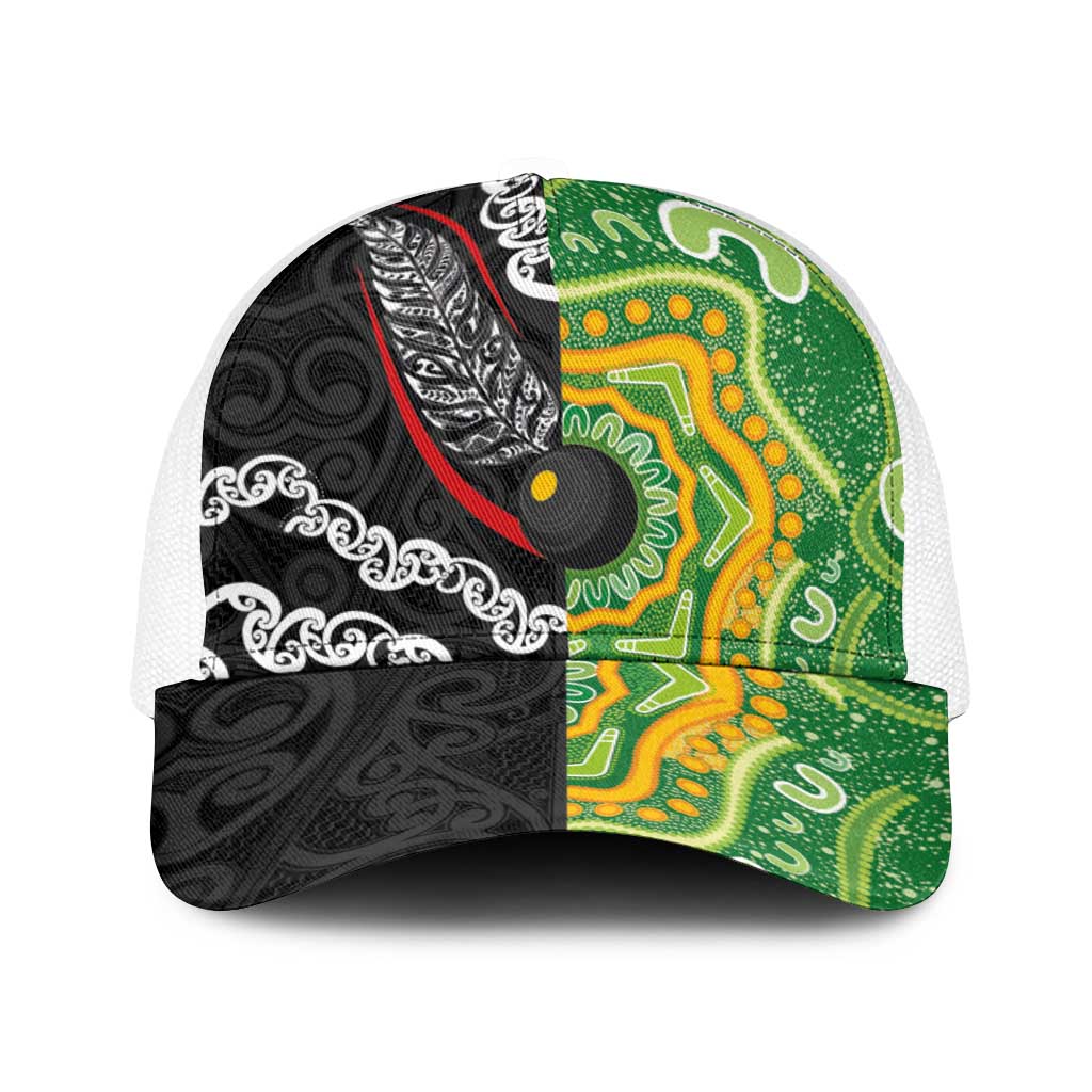 Aotearoa and Australia Lawn Bowls Baseball Net Cap Maori Fern and Aboriginal Pattern LT03 One Size White Multicolor - Polynesian Pride
