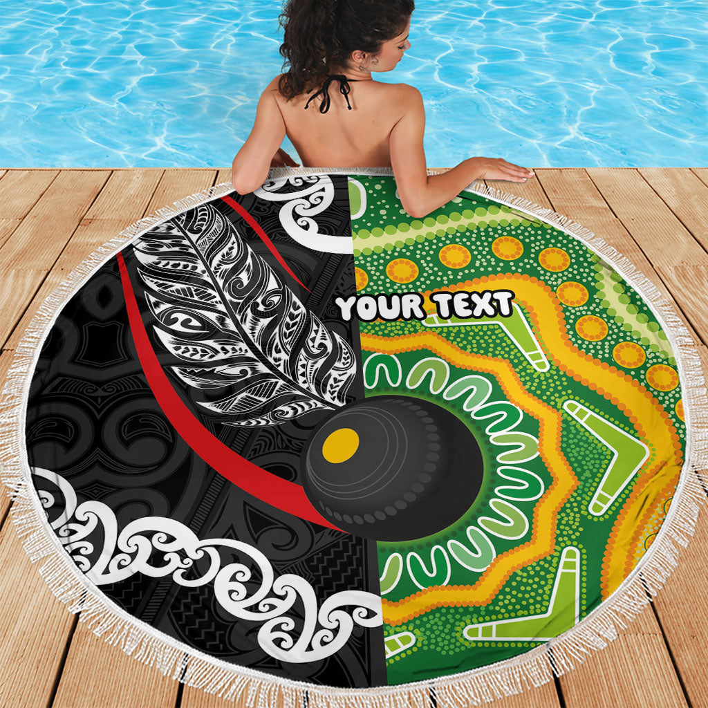 Personalised Aotearoa and Australia Lawn Bowls Beach Blanket Maori Fern and Aboriginal Pattern LT03 - Polynesian Pride