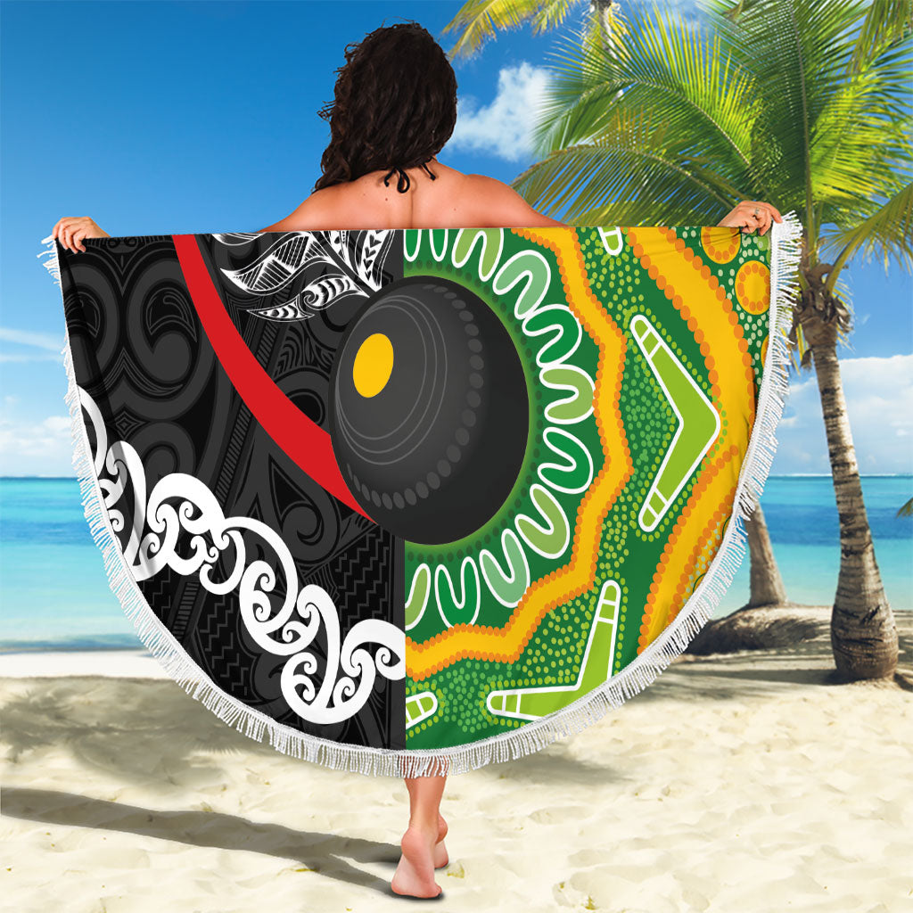 Personalised Aotearoa and Australia Lawn Bowls Beach Blanket Maori Fern and Aboriginal Pattern LT03 - Polynesian Pride