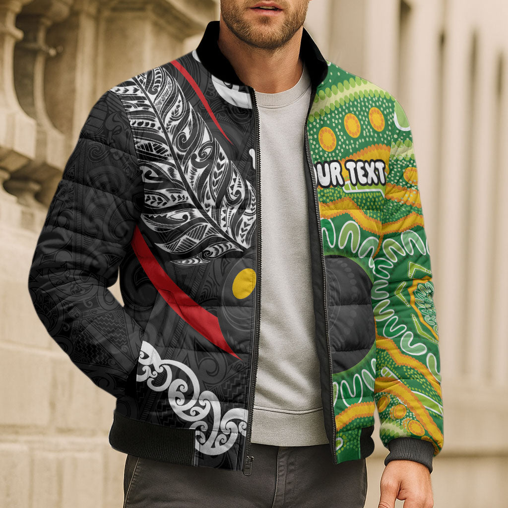 Personalised Aotearoa and Australia Lawn Bowls Bomber Puffer Jacket Maori Fern and Aboriginal Pattern LT03 - Polynesian Pride