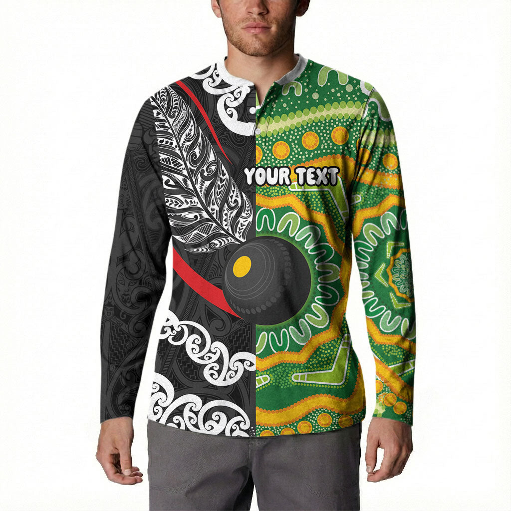 Personalised Aotearoa and Australia Lawn Bowls Button Sweatshirt Maori Fern and Aboriginal Pattern LT03 - Polynesian Pride