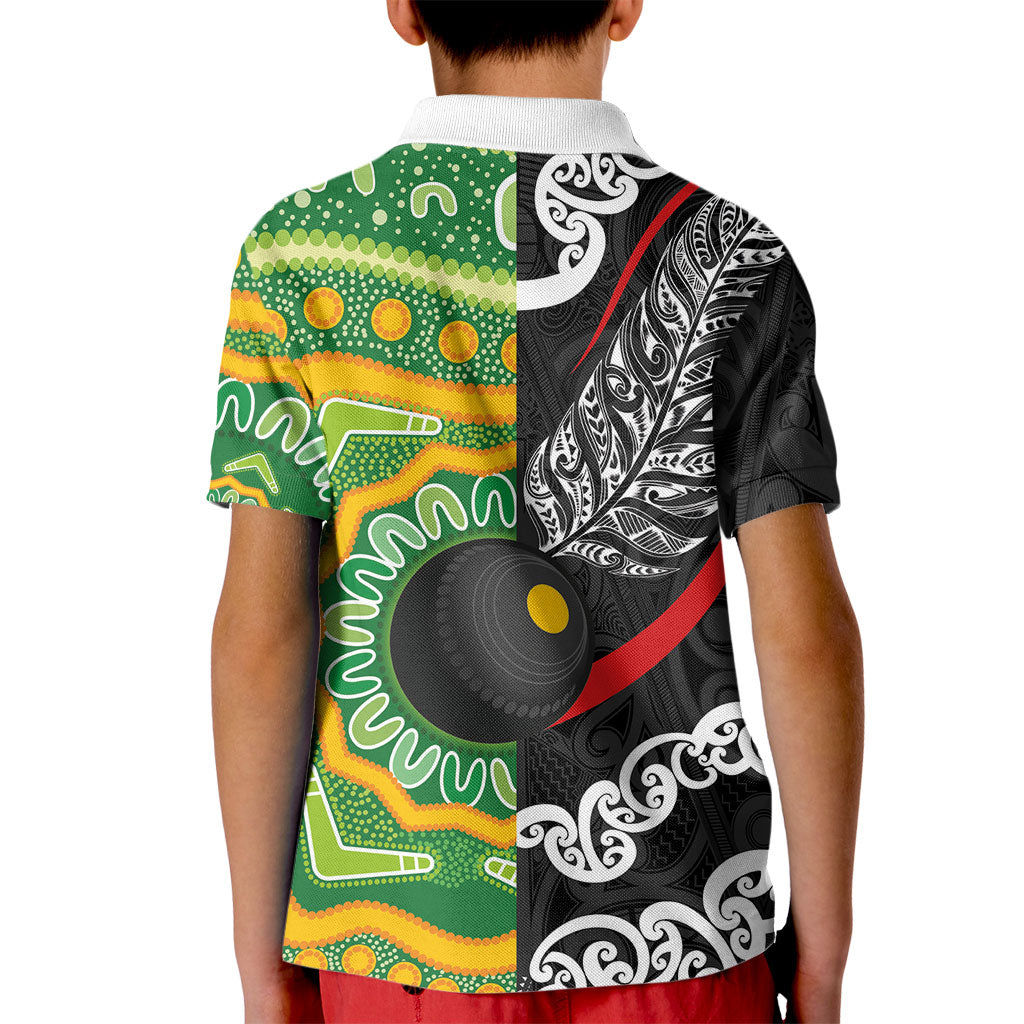 Personalised Aotearoa and Australia Lawn Bowls Kid Polo Shirt Maori Fern and Aboriginal Pattern LT03 - Polynesian Pride