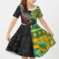 Personalised Aotearoa and Australia Lawn Bowls Kid Short Sleeve Dress Maori Fern and Aboriginal Pattern LT03 KID Multicolor - Polynesian Pride