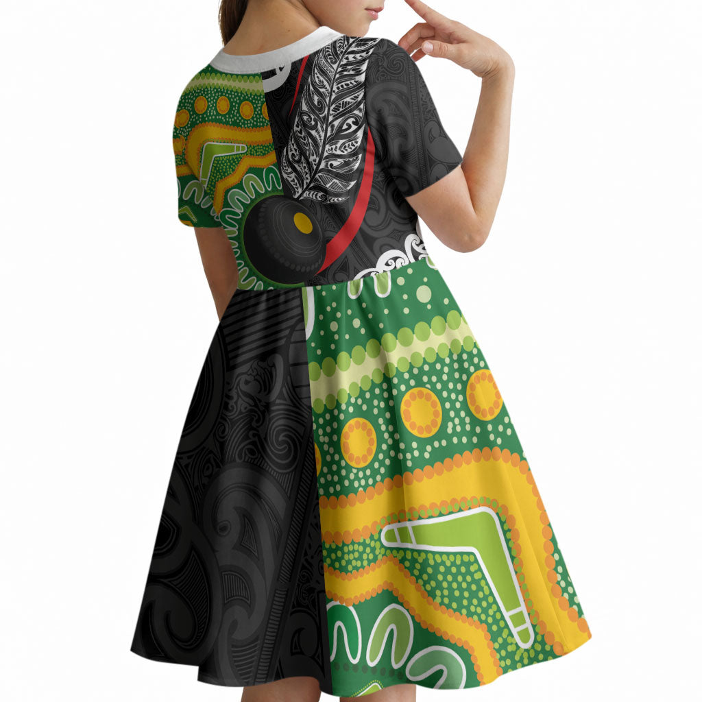 Personalised Aotearoa and Australia Lawn Bowls Kid Short Sleeve Dress Maori Fern and Aboriginal Pattern LT03 - Polynesian Pride