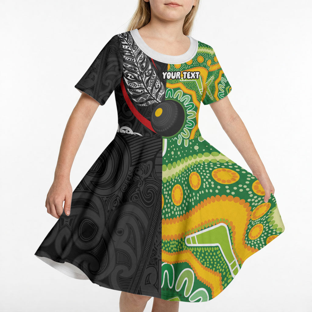Personalised Aotearoa and Australia Lawn Bowls Kid Short Sleeve Dress Maori Fern and Aboriginal Pattern LT03 - Polynesian Pride