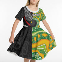 Personalised Aotearoa and Australia Lawn Bowls Kid Short Sleeve Dress Maori Fern and Aboriginal Pattern LT03 - Polynesian Pride