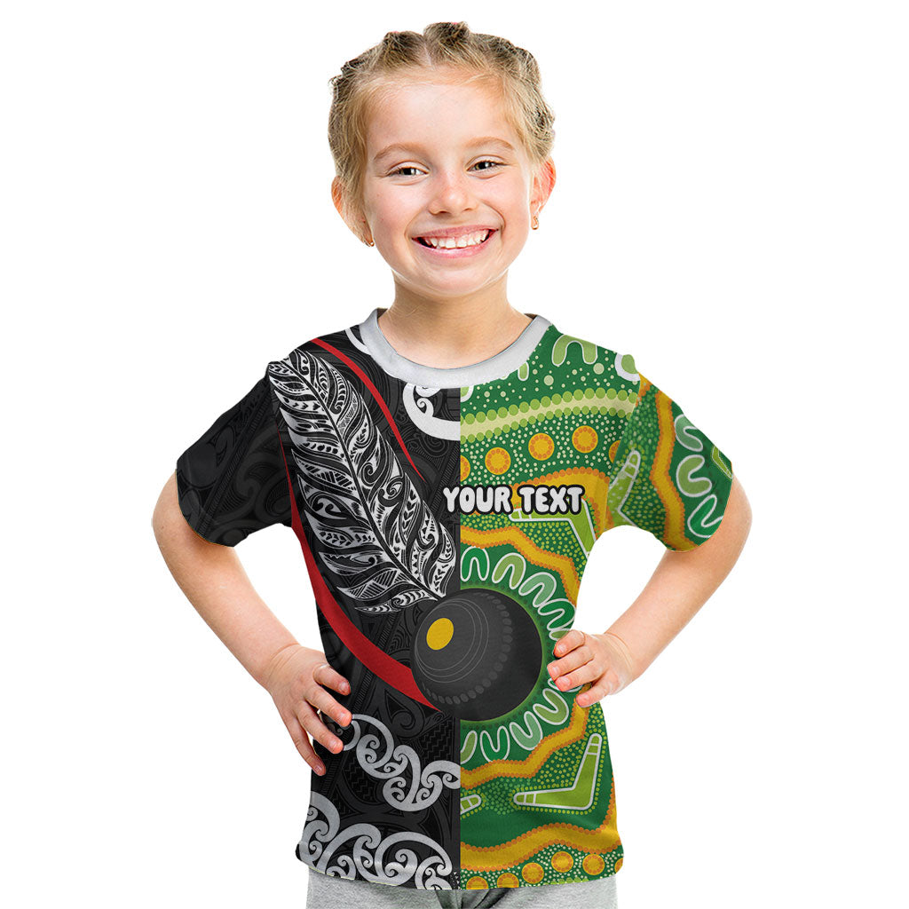Personalised Aotearoa and Australia Lawn Bowls Kid T Shirt Maori Fern and Aboriginal Pattern LT03 Multicolor - Polynesian Pride