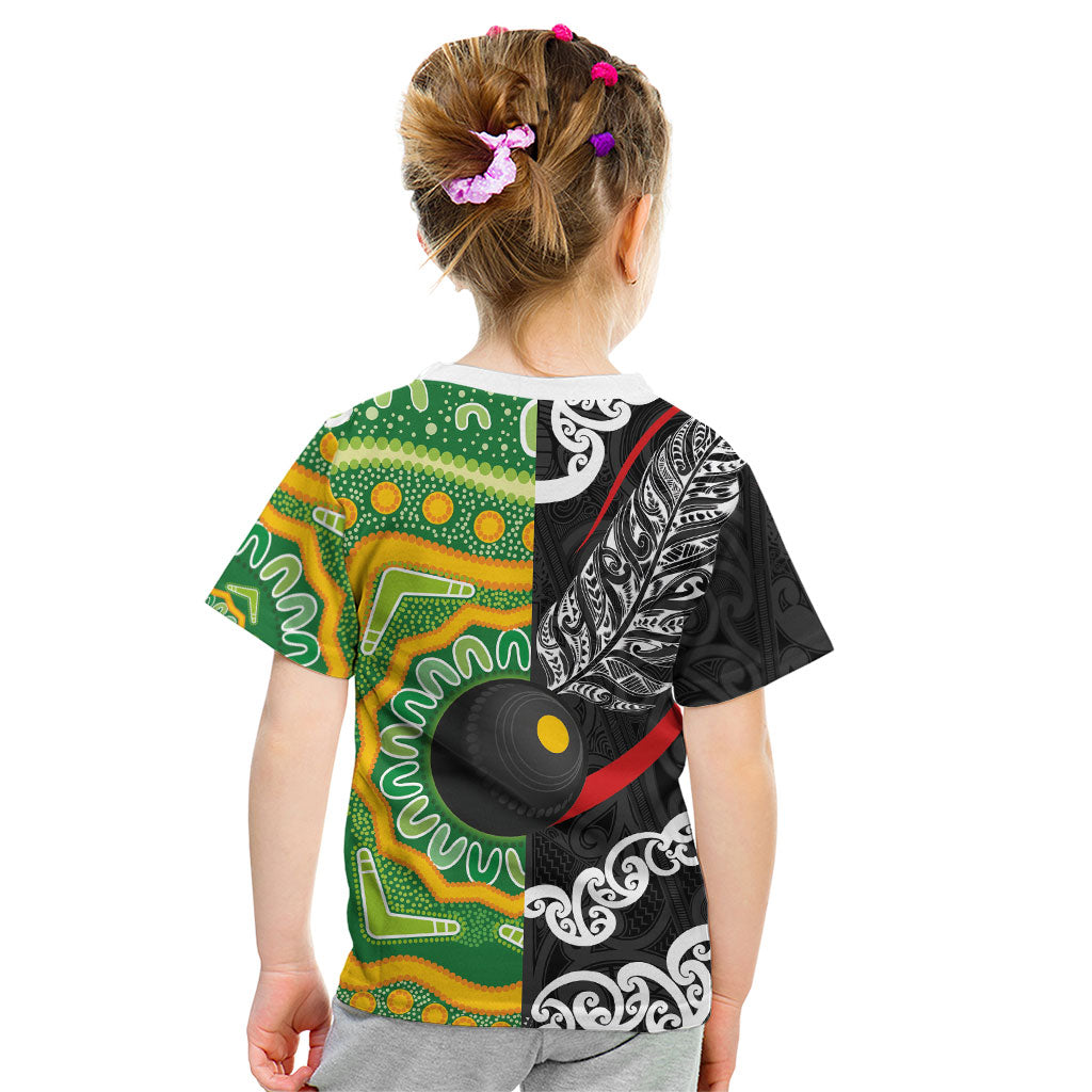 Personalised Aotearoa and Australia Lawn Bowls Kid T Shirt Maori Fern and Aboriginal Pattern LT03 - Polynesian Pride