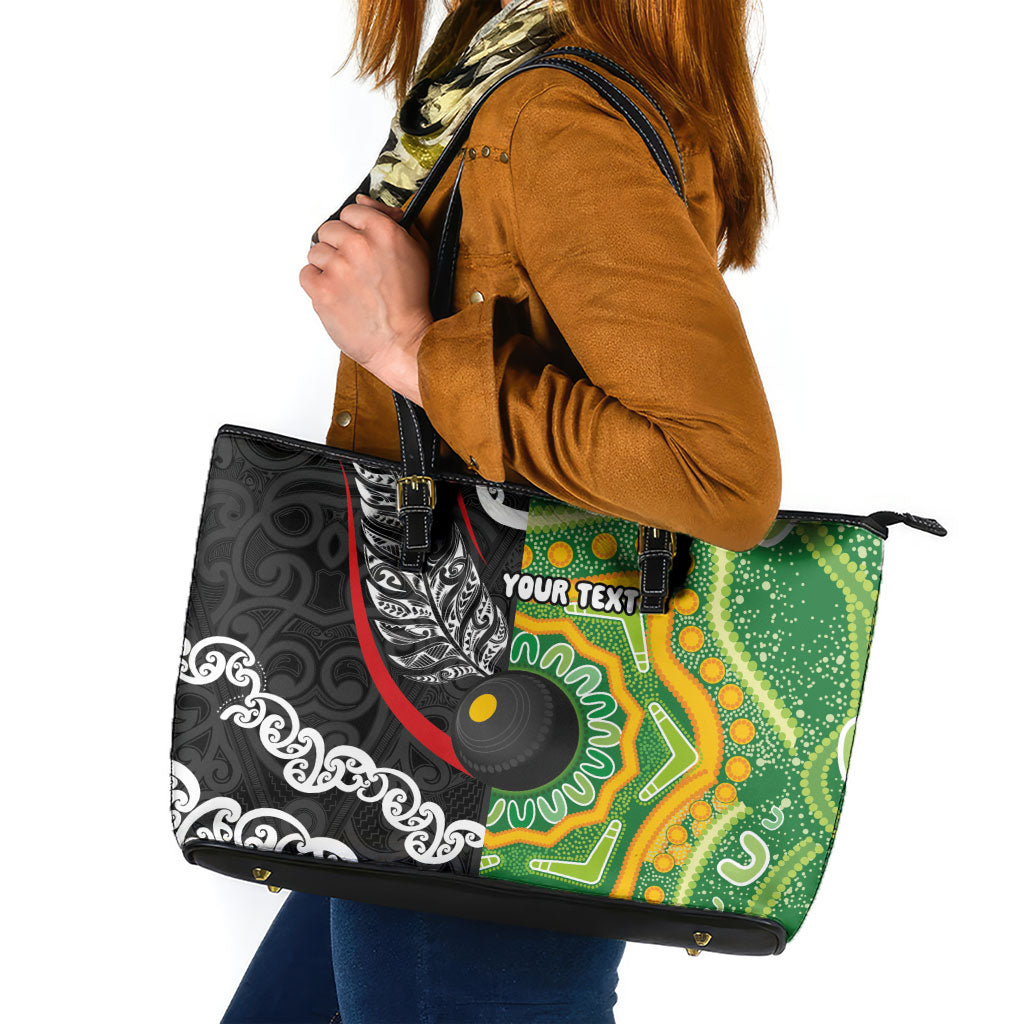 Personalised Aotearoa and Australia Lawn Bowls Leather Tote Bag Maori Fern and Aboriginal Pattern LT03 Multicolor - Polynesian Pride