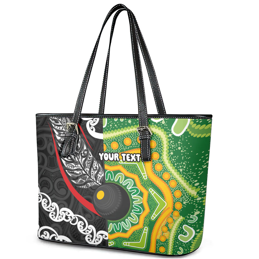 Personalised Aotearoa and Australia Lawn Bowls Leather Tote Bag Maori Fern and Aboriginal Pattern LT03 - Polynesian Pride