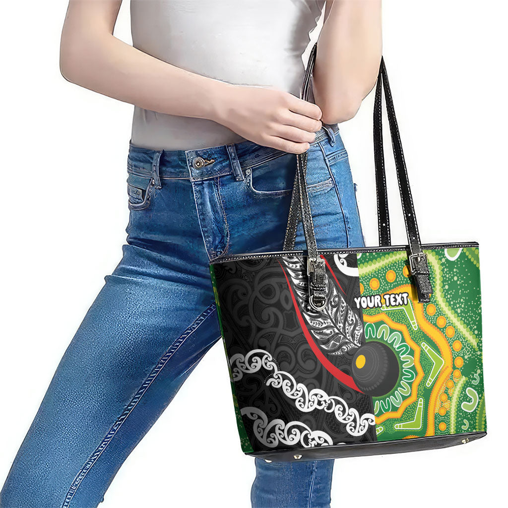 Personalised Aotearoa and Australia Lawn Bowls Leather Tote Bag Maori Fern and Aboriginal Pattern LT03 - Polynesian Pride
