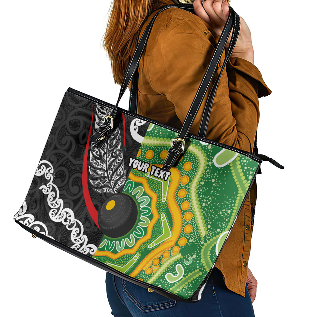 Personalised Aotearoa and Australia Lawn Bowls Leather Tote Bag Maori Fern and Aboriginal Pattern LT03 - Polynesian Pride