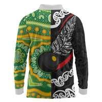 Personalised Aotearoa and Australia Lawn Bowls Long Sleeve Polo Shirt Maori Fern and Aboriginal Pattern LT03 - Polynesian Pride