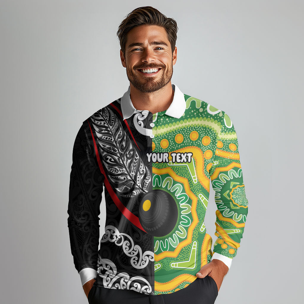 Personalised Aotearoa and Australia Lawn Bowls Long Sleeve Polo Shirt Maori Fern and Aboriginal Pattern LT03 - Polynesian Pride