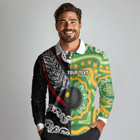 Personalised Aotearoa and Australia Lawn Bowls Long Sleeve Polo Shirt Maori Fern and Aboriginal Pattern LT03 - Polynesian Pride