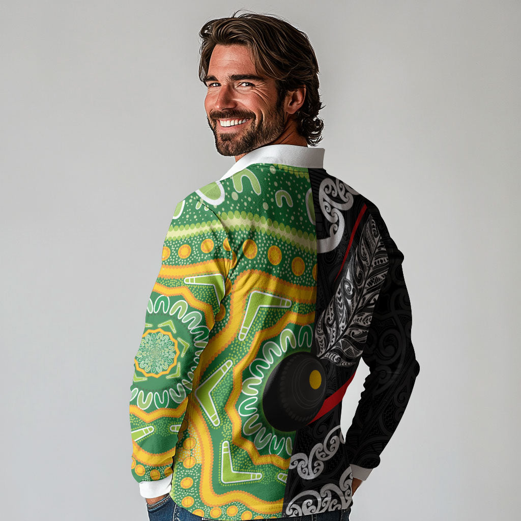 Personalised Aotearoa and Australia Lawn Bowls Long Sleeve Polo Shirt Maori Fern and Aboriginal Pattern LT03 - Polynesian Pride