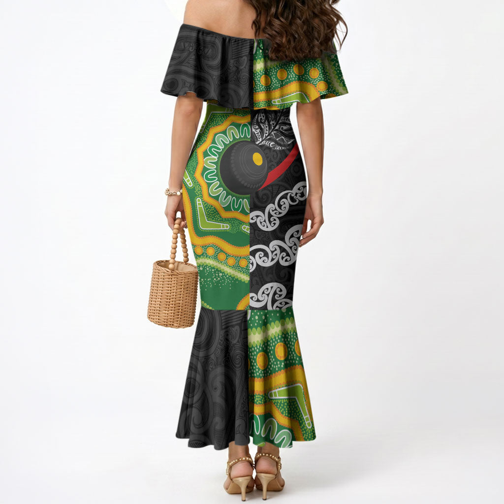 Personalised Aotearoa and Australia Lawn Bowls Mermaid Dress Maori Fern and Aboriginal Pattern LT03 - Polynesian Pride