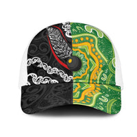 Aotearoa and Australia Lawn Bowls Mesh Trucker Cap Maori Fern and Aboriginal Pattern LT03 One Size White Multicolor - Polynesian Pride