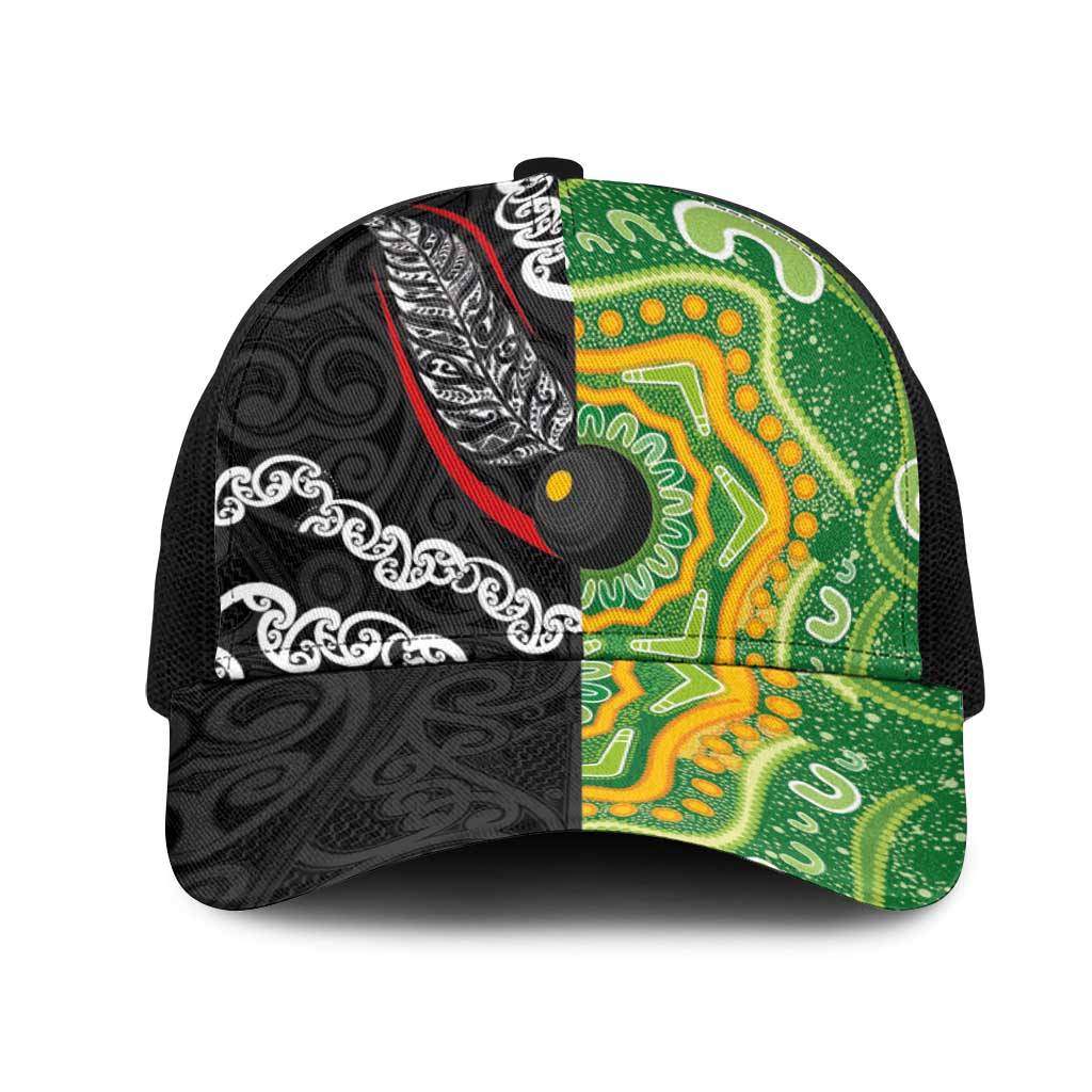 Aotearoa and Australia Lawn Bowls Mesh Trucker Cap Maori Fern and Aboriginal Pattern LT03 One Size Black Multicolor - Polynesian Pride