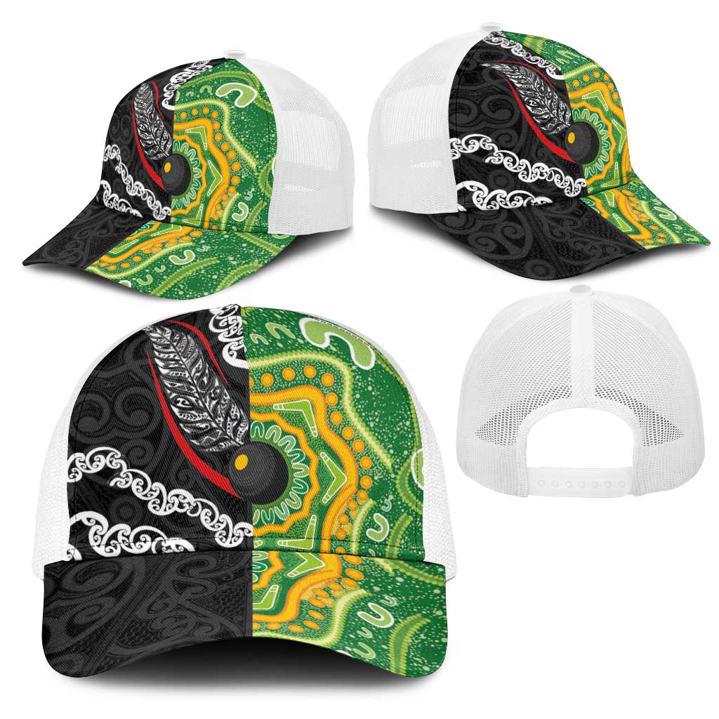 Aotearoa and Australia Lawn Bowls Mesh Trucker Cap Maori Fern and Aboriginal Pattern LT03 - Polynesian Pride