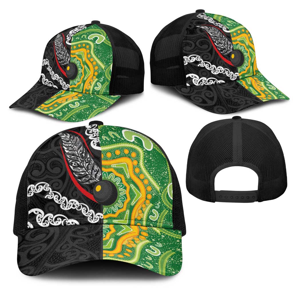 Aotearoa and Australia Lawn Bowls Mesh Trucker Cap Maori Fern and Aboriginal Pattern LT03 - Polynesian Pride