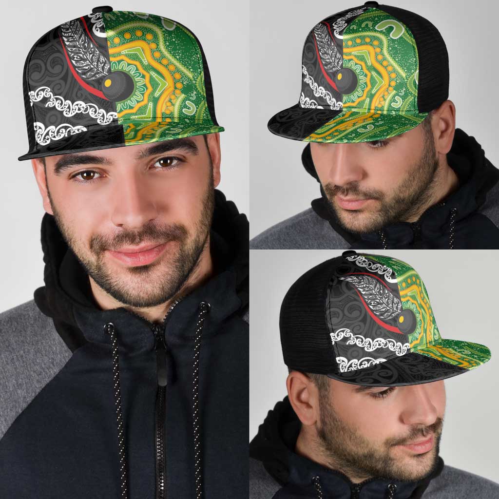 Aotearoa and Australia Lawn Bowls Mesh Trucker Cap Maori Fern and Aboriginal Pattern LT03 - Polynesian Pride