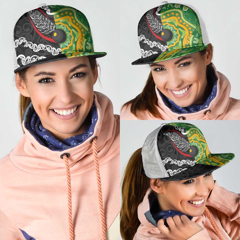 Aotearoa and Australia Lawn Bowls Mesh Trucker Cap Maori Fern and Aboriginal Pattern LT03 - Polynesian Pride
