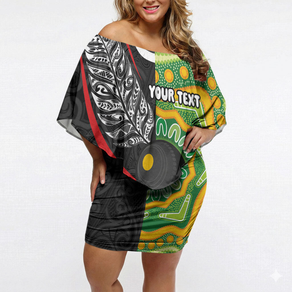 Personalised Aotearoa and Australia Lawn Bowls Off Shoulder Short Dress Maori Fern and Aboriginal Pattern LT03 Women Multicolor - Polynesian Pride