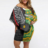 Personalised Aotearoa and Australia Lawn Bowls Off Shoulder Short Dress Maori Fern and Aboriginal Pattern LT03 Women Multicolor - Polynesian Pride