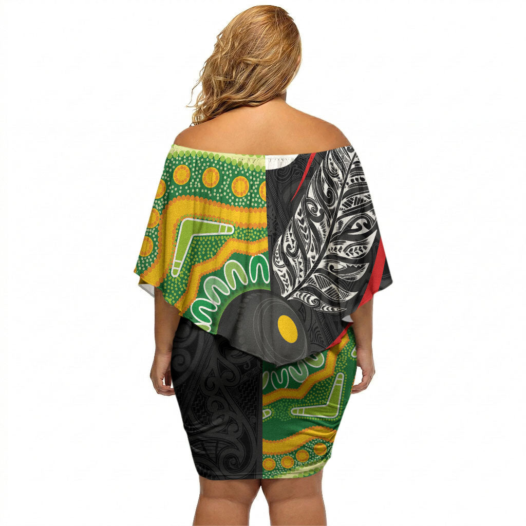 Personalised Aotearoa and Australia Lawn Bowls Off Shoulder Short Dress Maori Fern and Aboriginal Pattern LT03 - Polynesian Pride