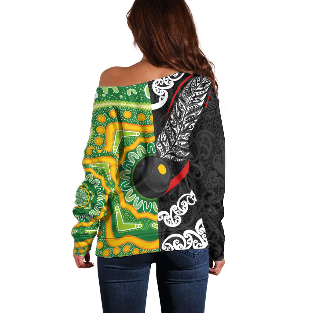 Personalised Aotearoa and Australia Lawn Bowls Off Shoulder Sweater Maori Fern and Aboriginal Pattern