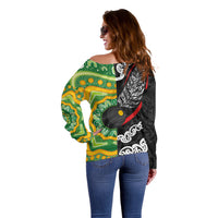 Personalised Aotearoa and Australia Lawn Bowls Off Shoulder Sweater Maori Fern and Aboriginal Pattern