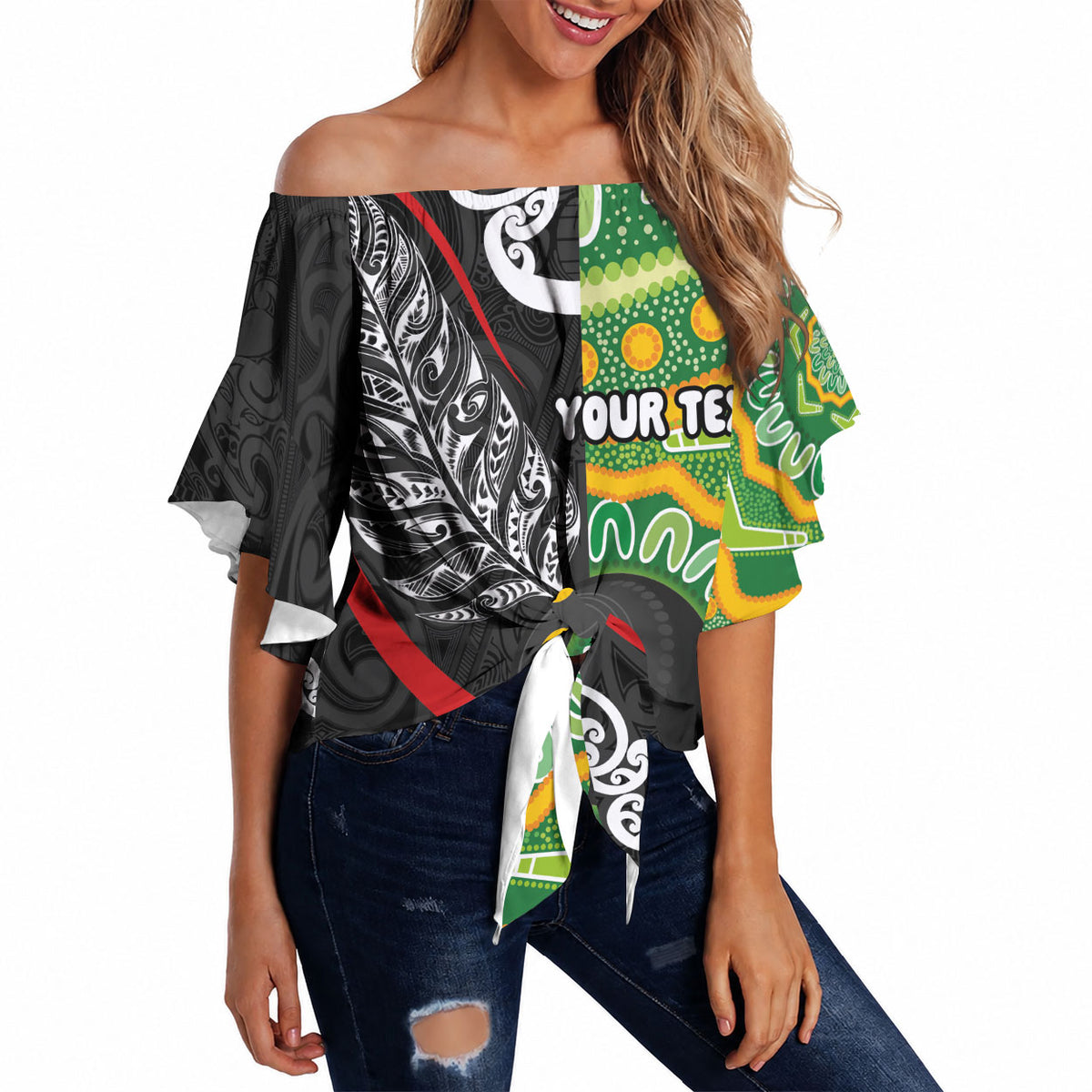 Personalised Aotearoa and Australia Lawn Bowls Off Shoulder Wrap Waist Top Maori Fern and Aboriginal Pattern LT03 Multicolor - Polynesian Pride